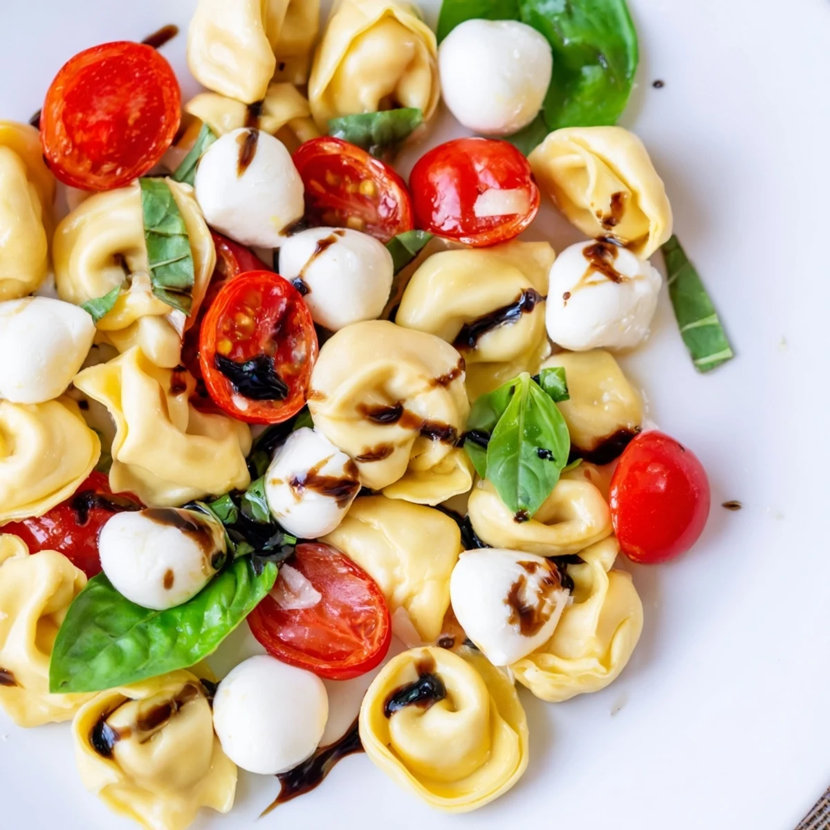 Colorful tortellini caprese salad plated on white serving dish featuring tender cheese pasta, halved grape tomatoes, and torn fresh basil