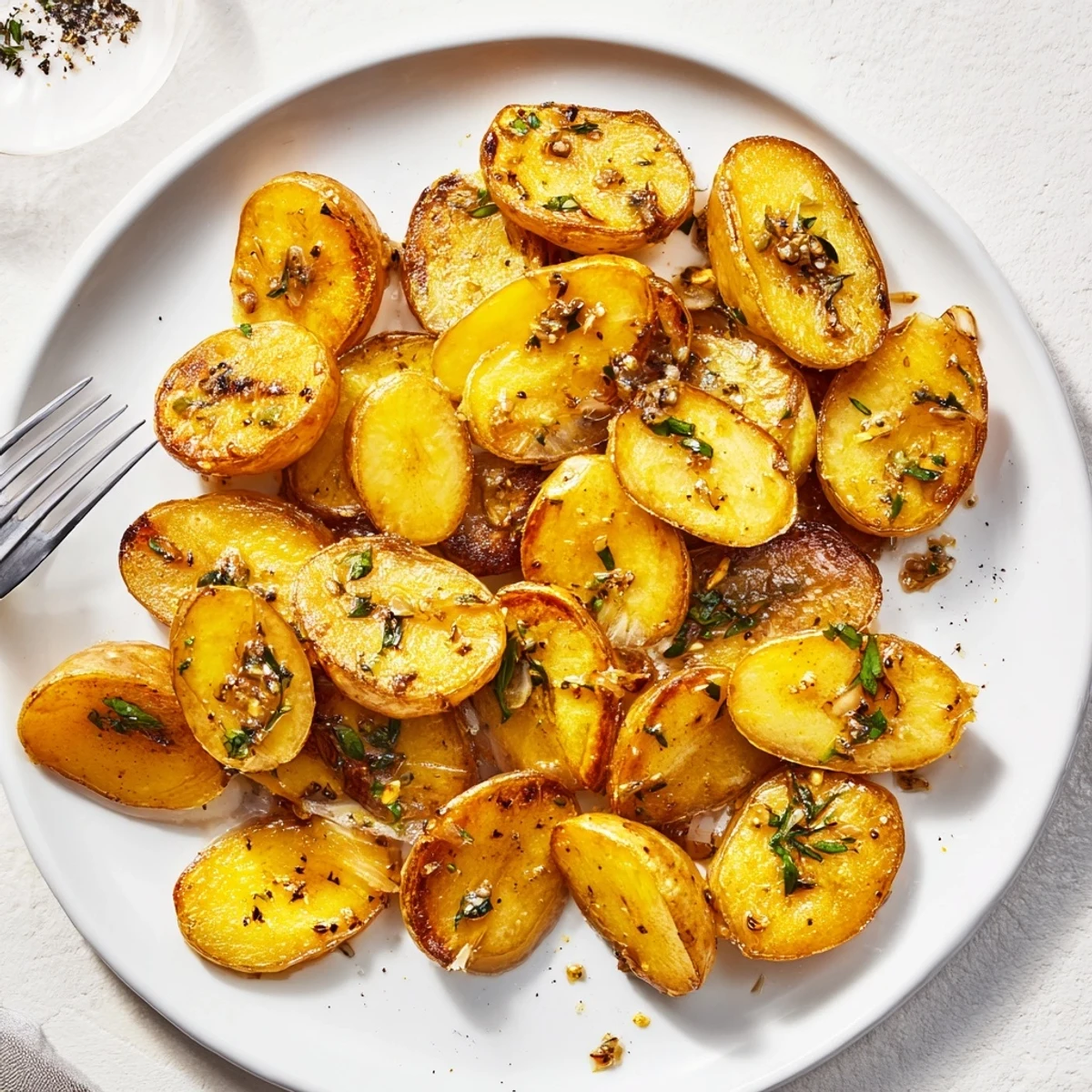 Golden brown garlic roasted radishes arranged on a white serving platter with fresh parsley garnish
