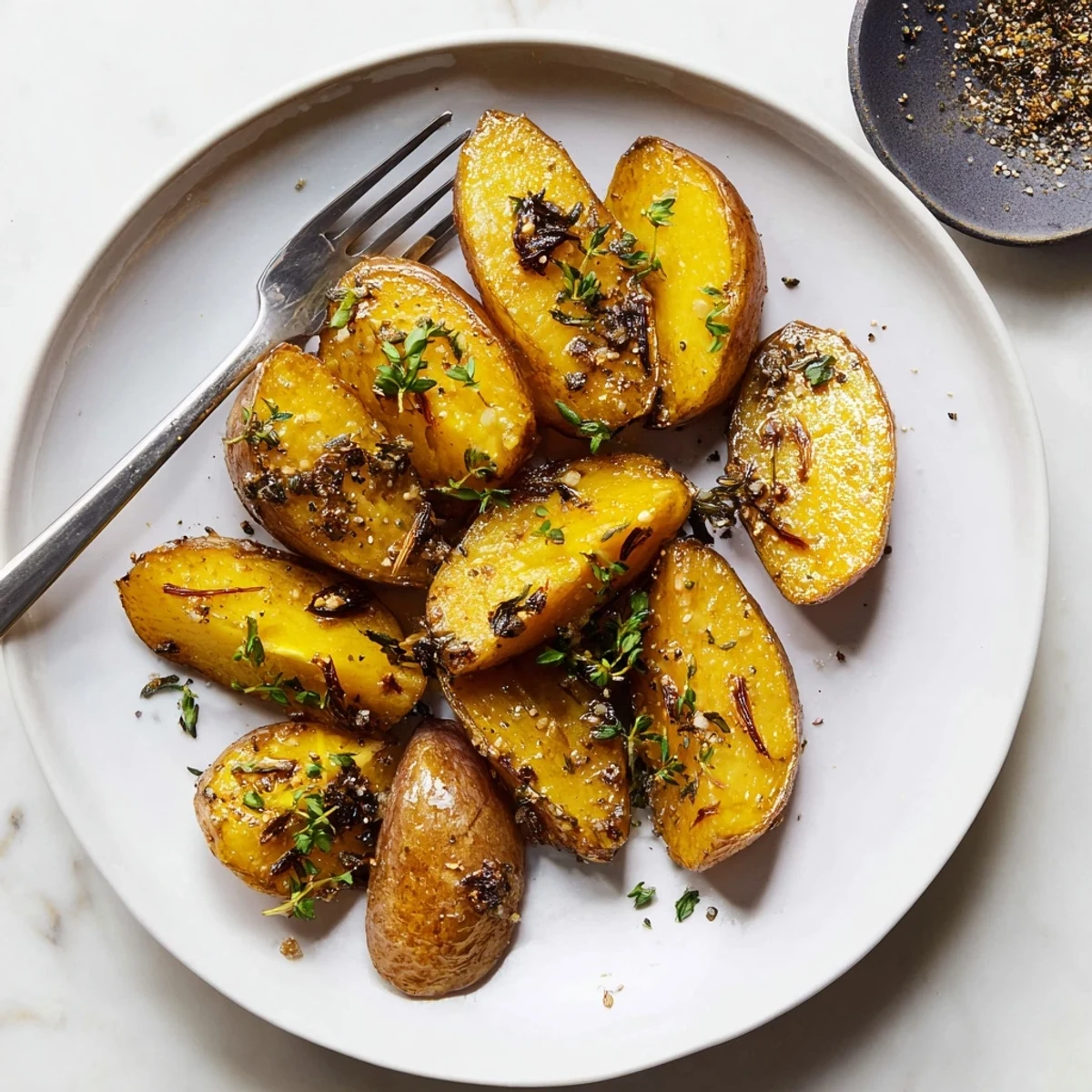 Oven roasted radishes tossed with garlic and thyme displayed on a rustic wooden cutting board