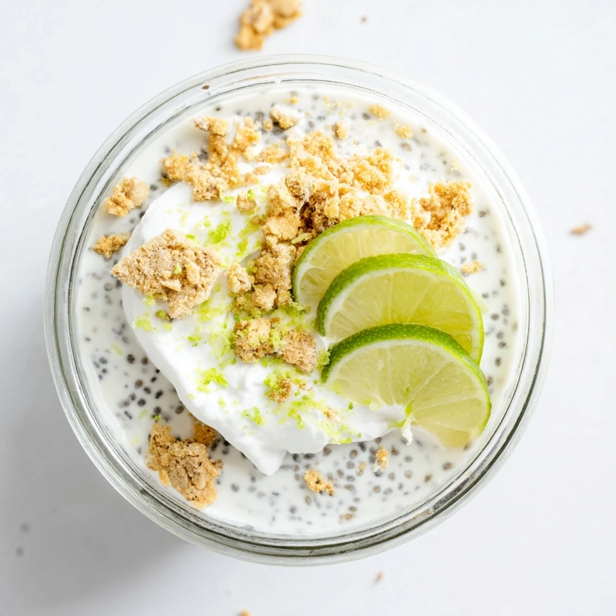 Creamy key lime chia pudding topped with coconut whipped cream and fresh lime zest in glass jars