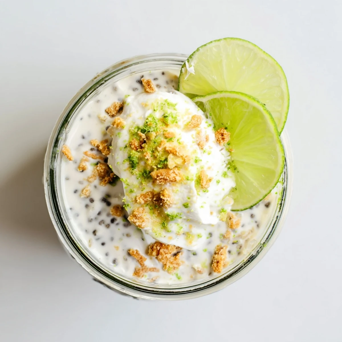 Smooth key lime chia pudding in clear serving glasses garnished with fresh citrus and coconut cream