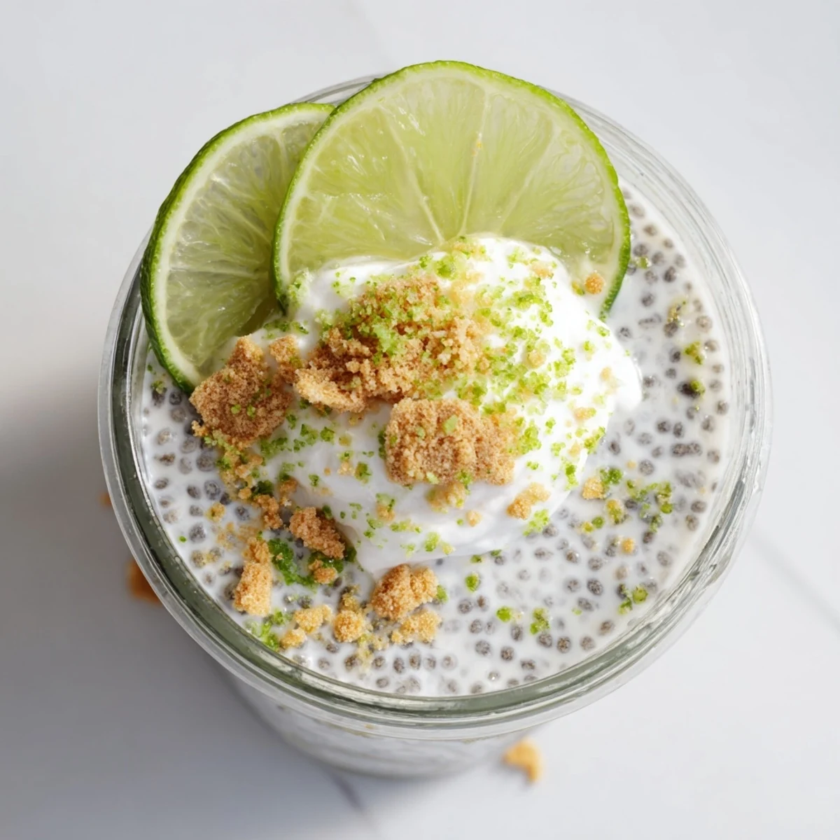 Zesty key lime chia pudding layered with graham cracker crumbs and lime slices for a refreshing dessert