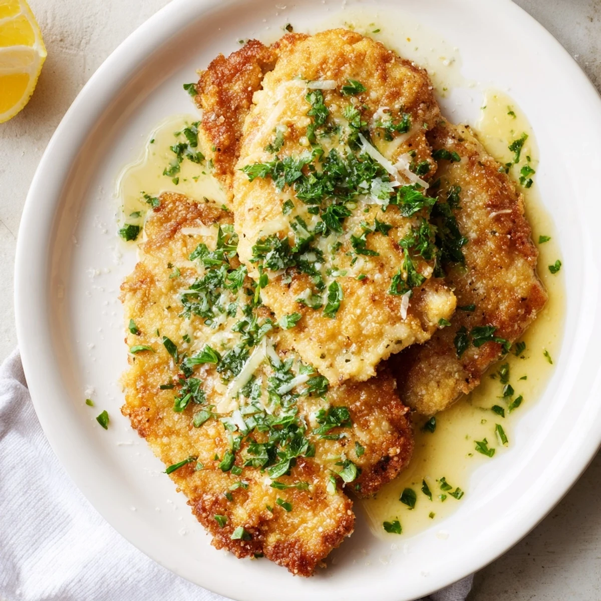 Crispy chicken cutlet topped with lemon garlic sauce and fresh parsley garnish
