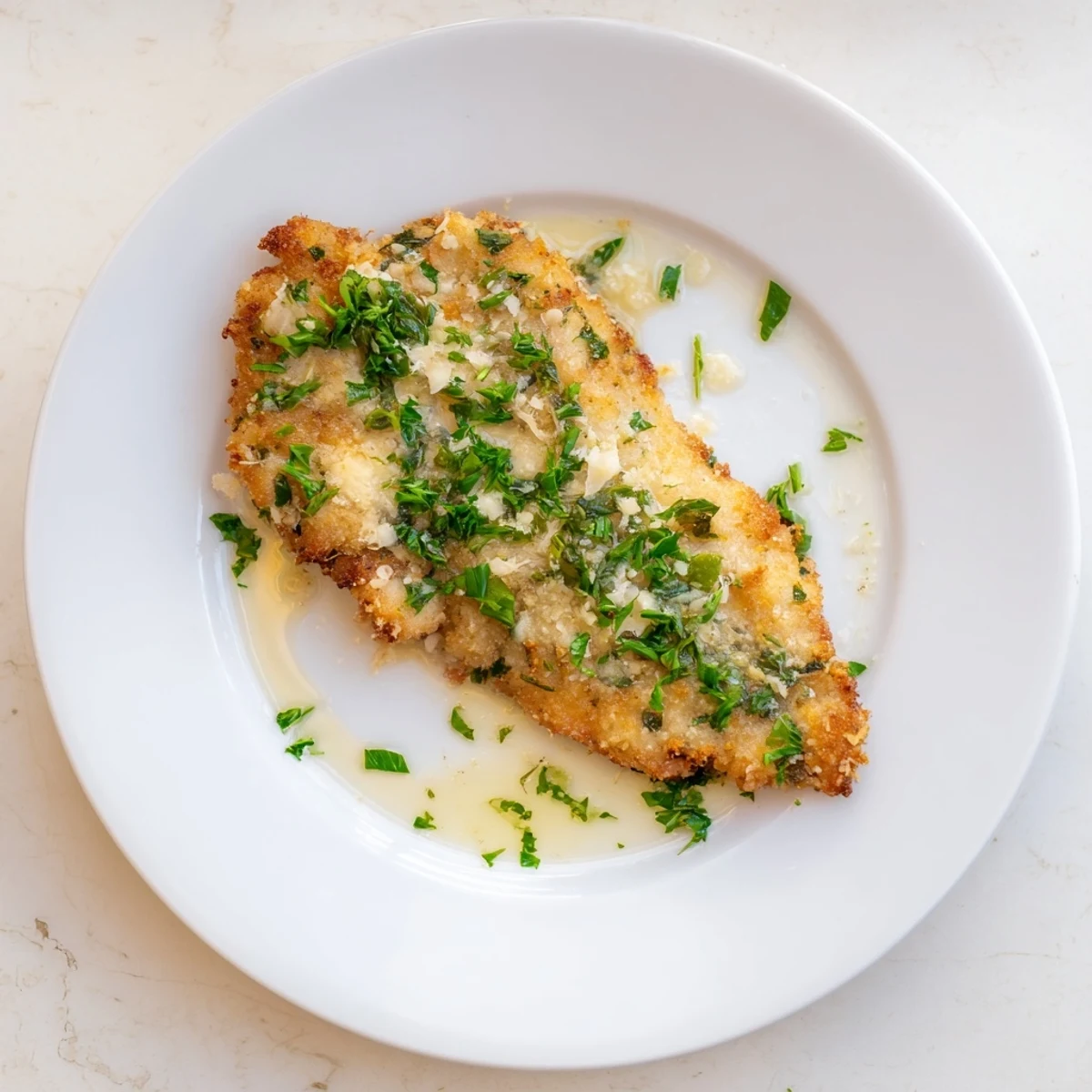 Golden Lemon Chicken Romano with crispy Romano crust served on white plate