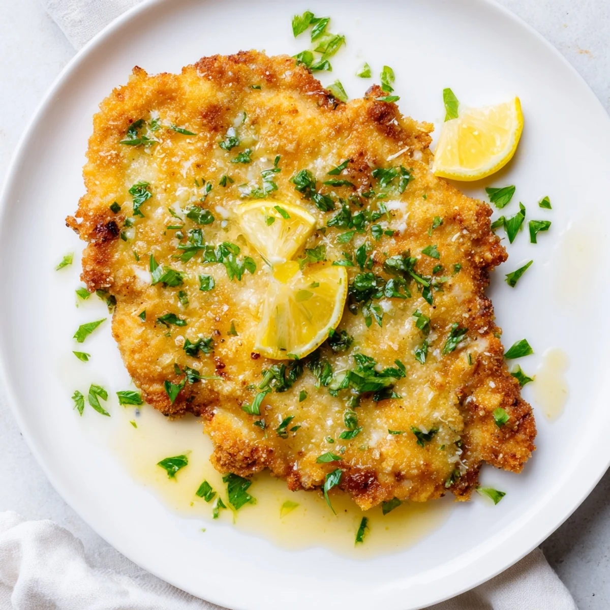 Italian lemon chicken breast with golden breadcrumb coating and tangy butter sauce