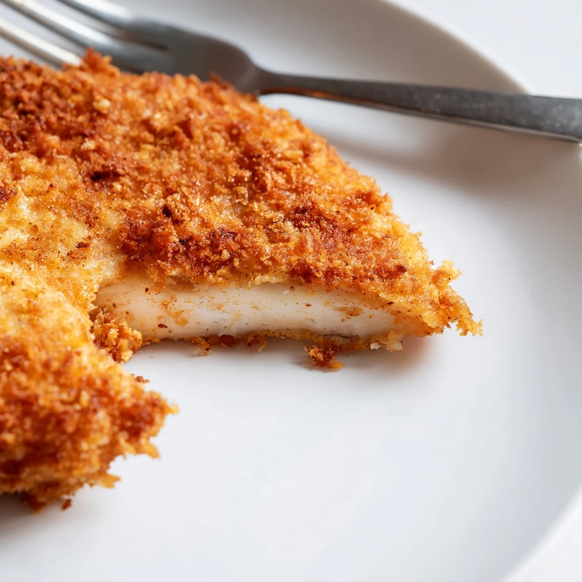 Golden fried chicken breast with crispy panko breadcrumb coating served on a white plate