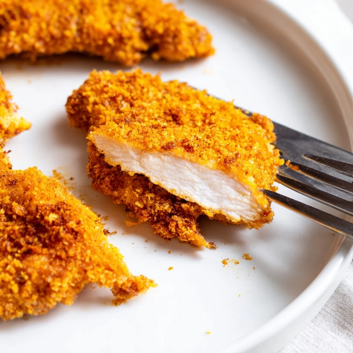 Homemade fried chicken breast fillet with crunchy seasoned breadcrumbs ready for family dinner