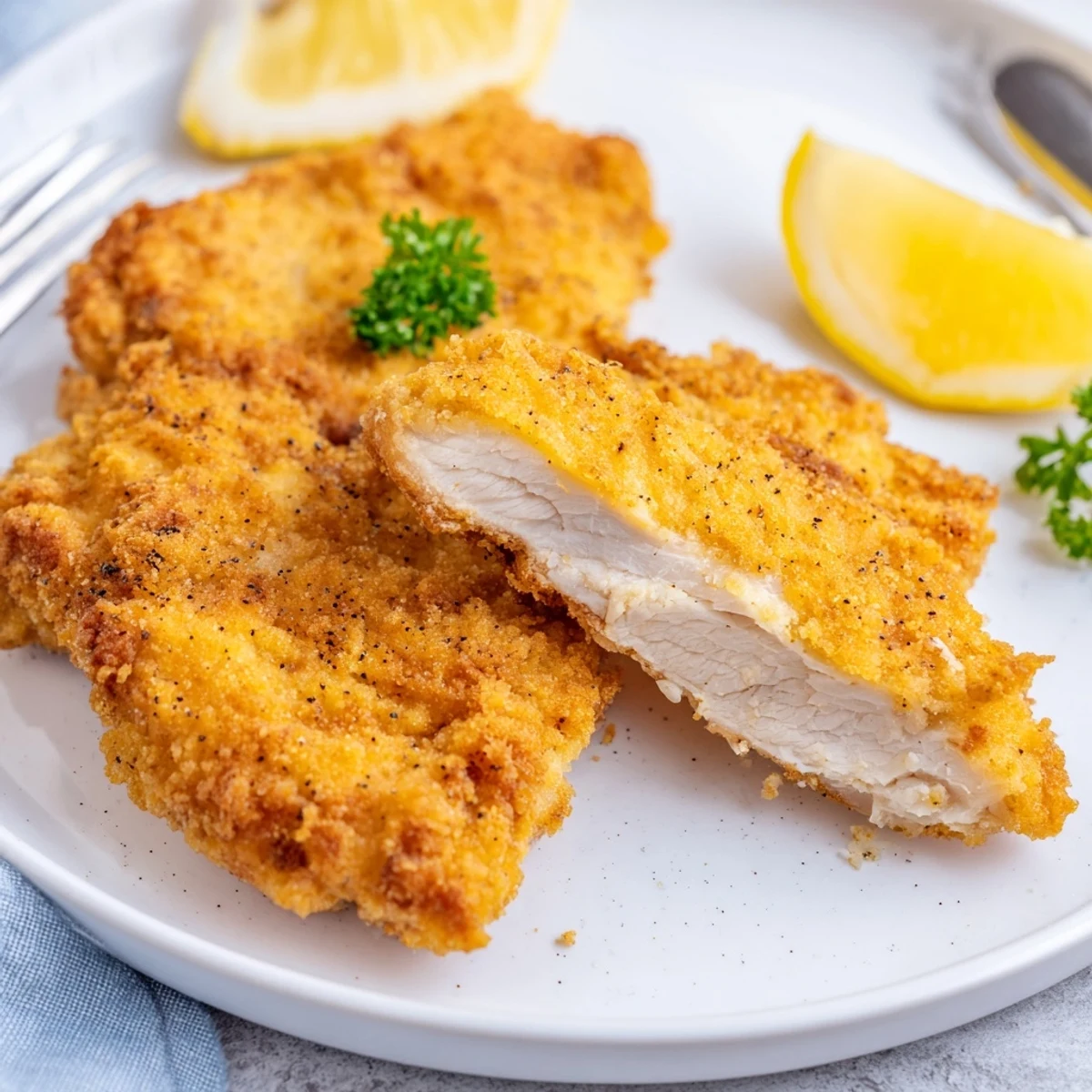 Crispy fried chicken breast resting on paper towel, steaming and golden