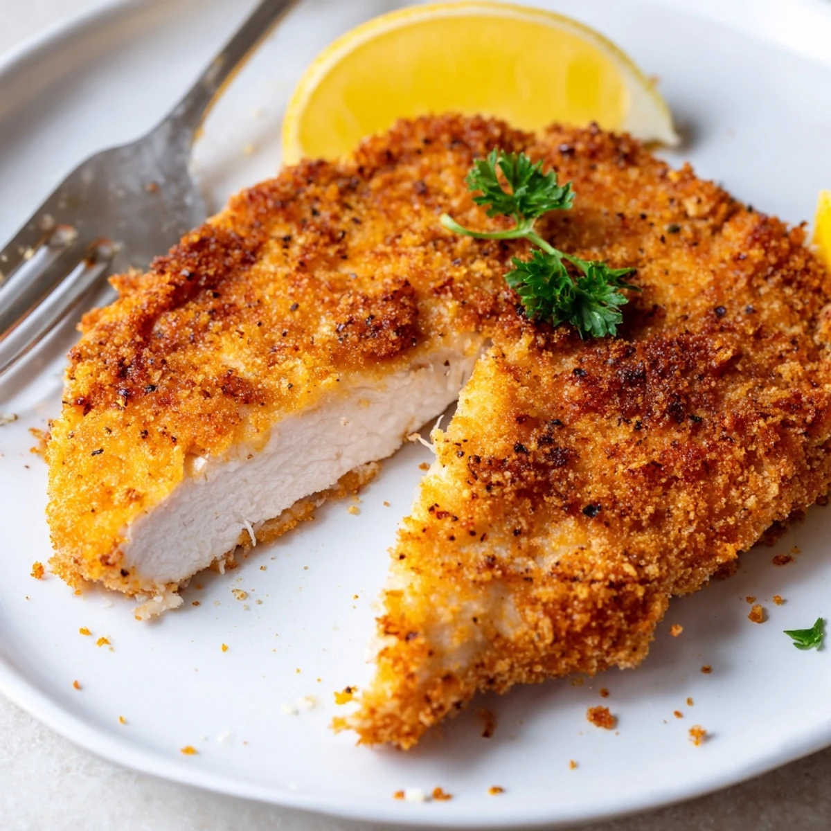 Buttermilk-marinated fried chicken breast sliced beside mashed potatoes, juicy