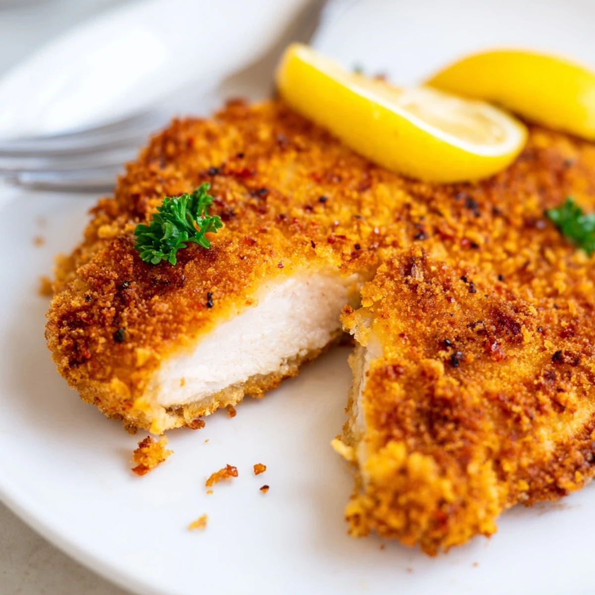Skillet fried chicken breast, crunchy seasoned crust, steam rising, plated warm