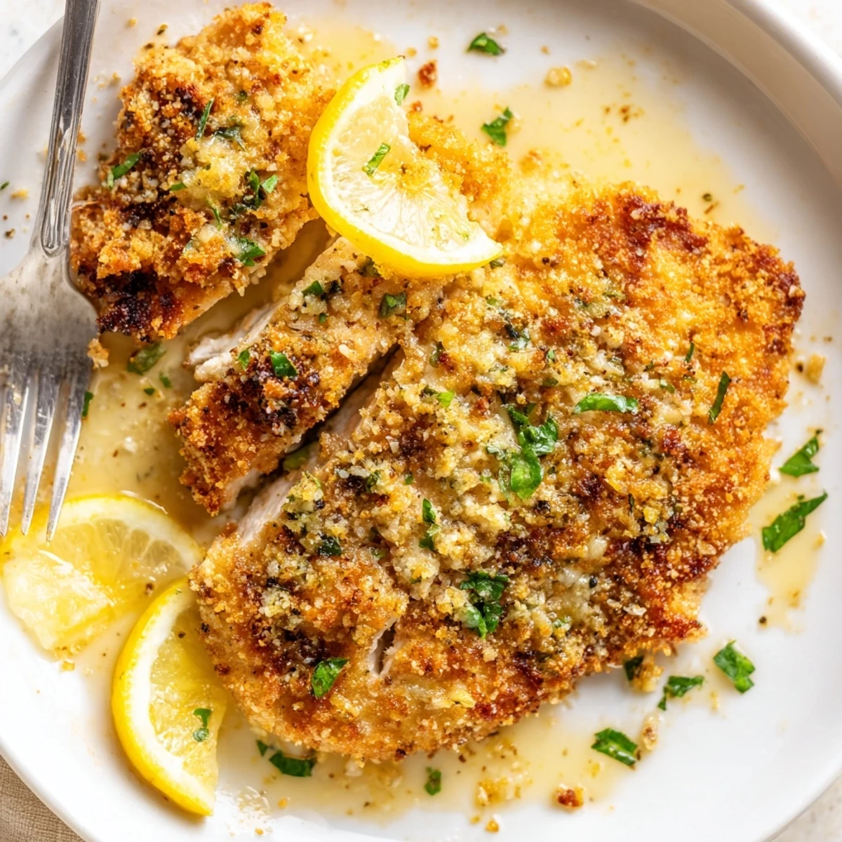 Pan-fried Lemon Chicken Romano with golden cheese crust and buttery lemon sauce