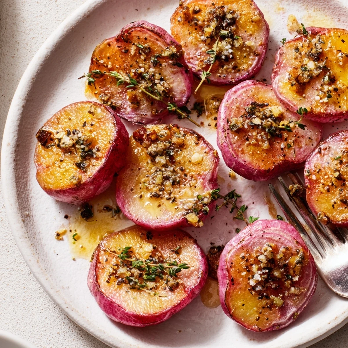Warm Garlic Roasted Radishes tossed in olive oil, sprinkled with fresh parsley.