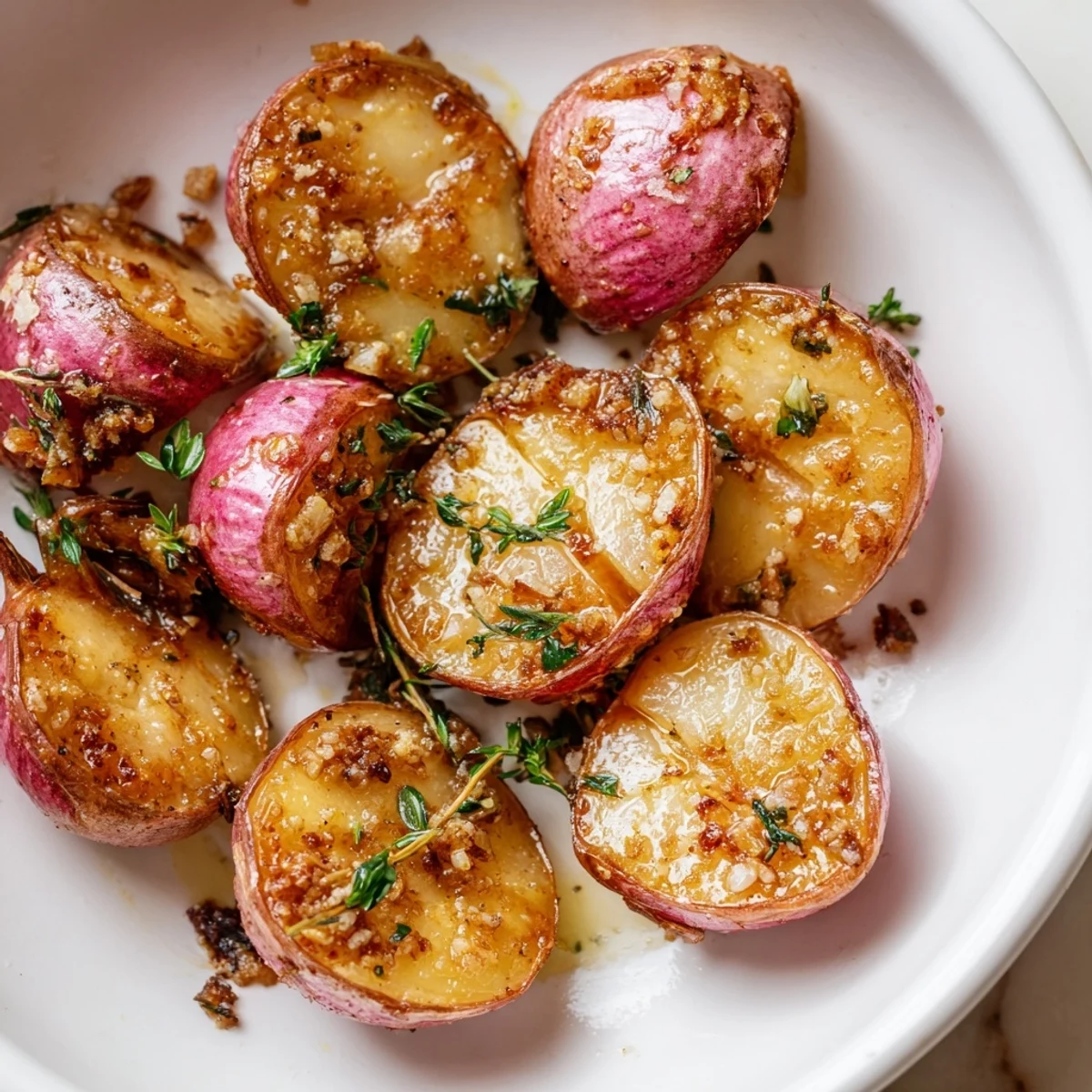 Sheet-pan Garlic Roasted Radishes served warm next to roasted chicken or salad.