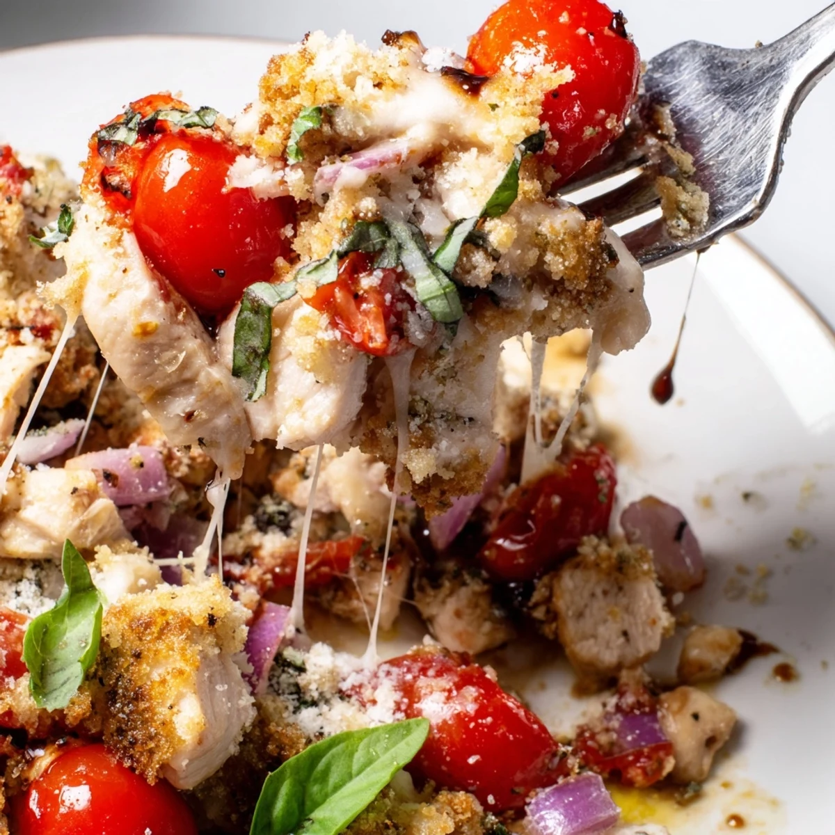 Golden chicken bruschetta casserole fresh from the oven with bubbling melted cheese