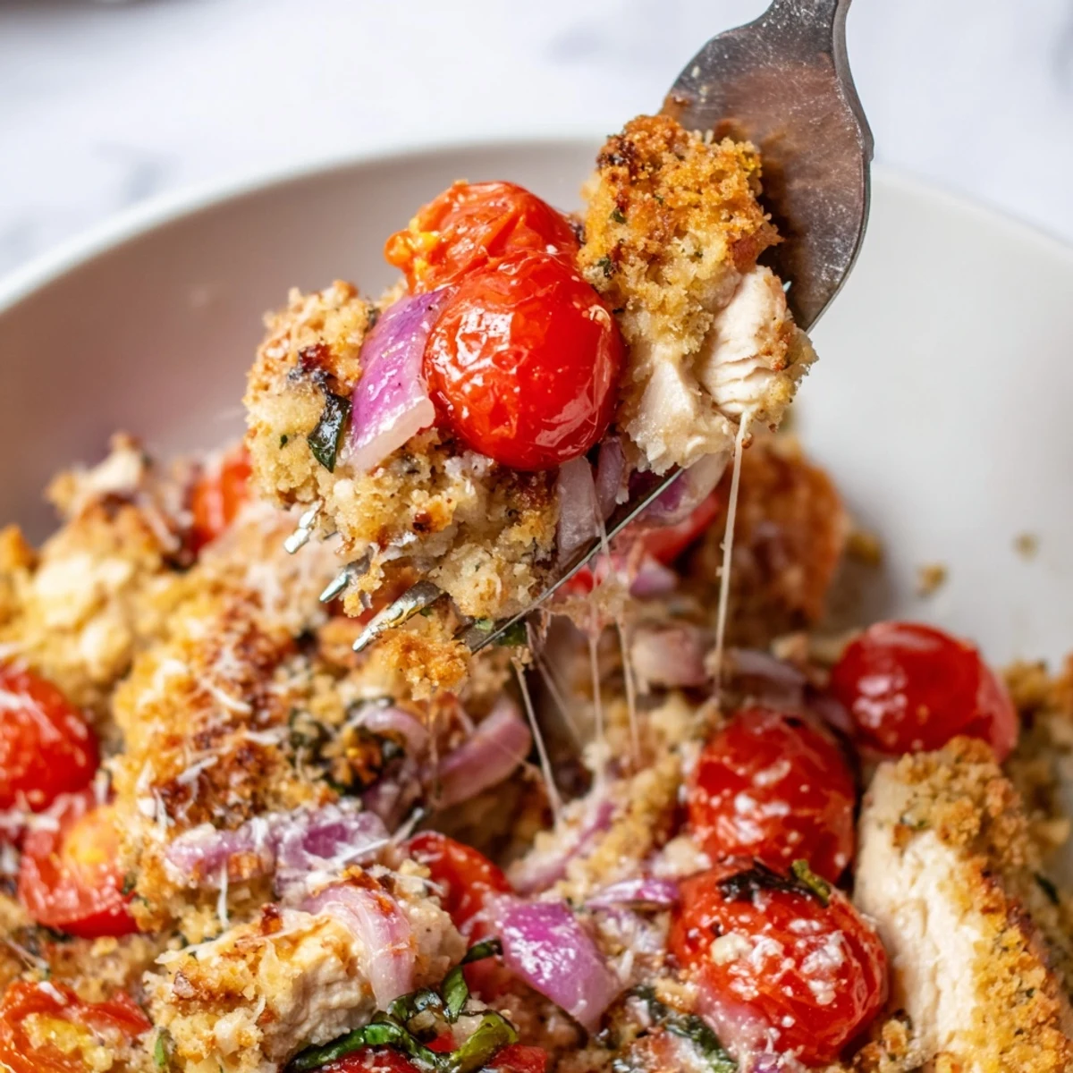 Juicy chicken bruschetta casserole topped with roasted tomatoes and a crispy breadcrumb crust
