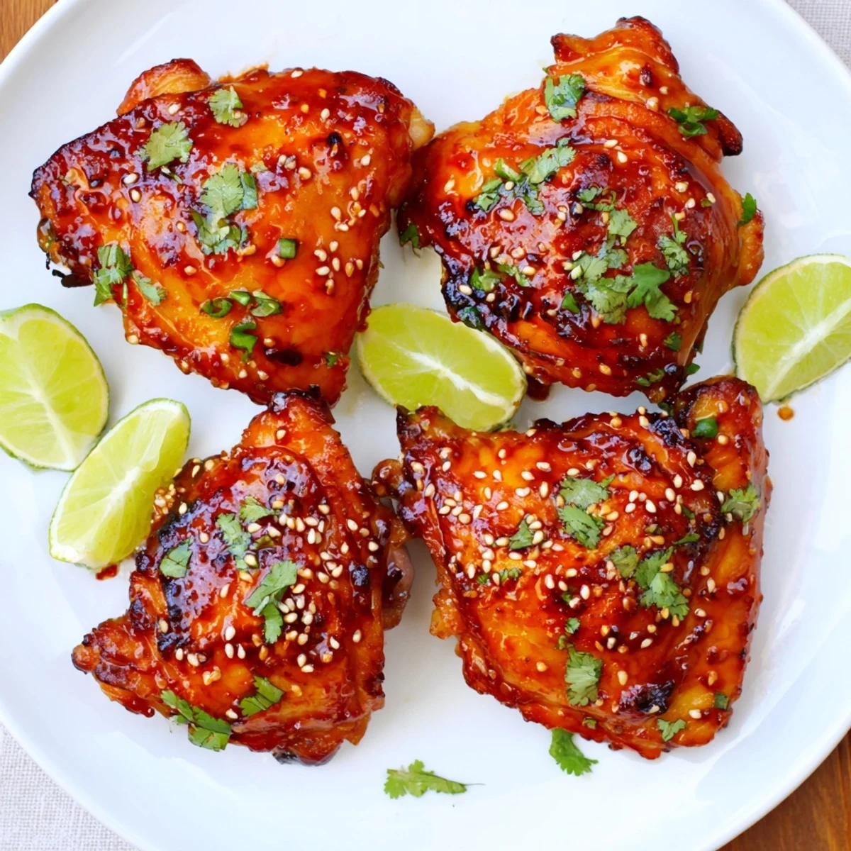 Crispy sweet chili air fryer chicken thighs glazed and garnished with sesame seeds