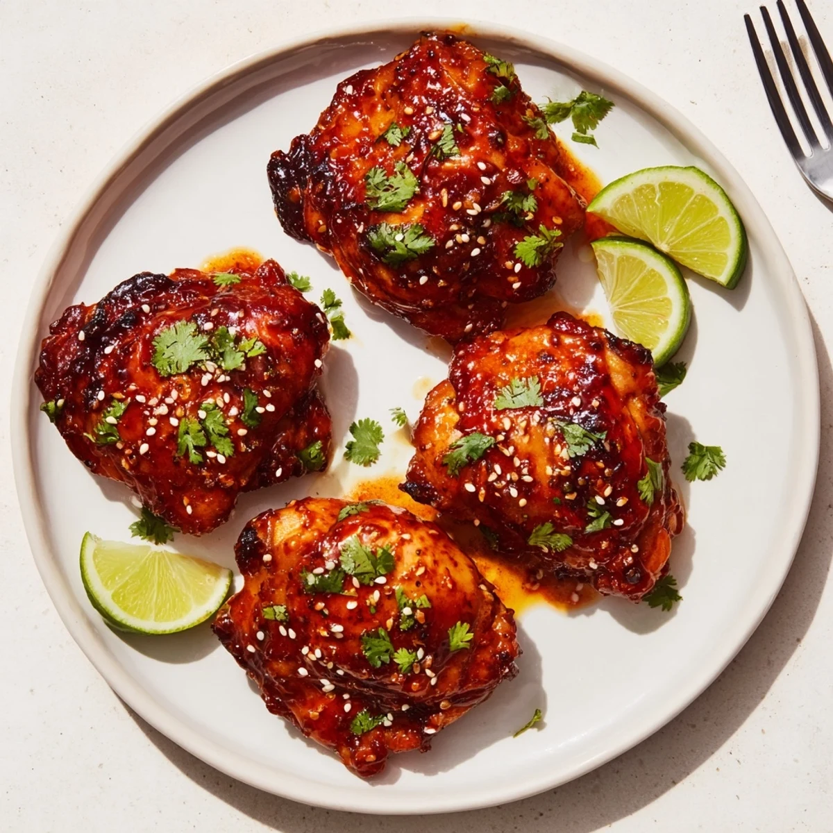Golden sweet chili air fryer chicken thighs resting on a white dinner plate