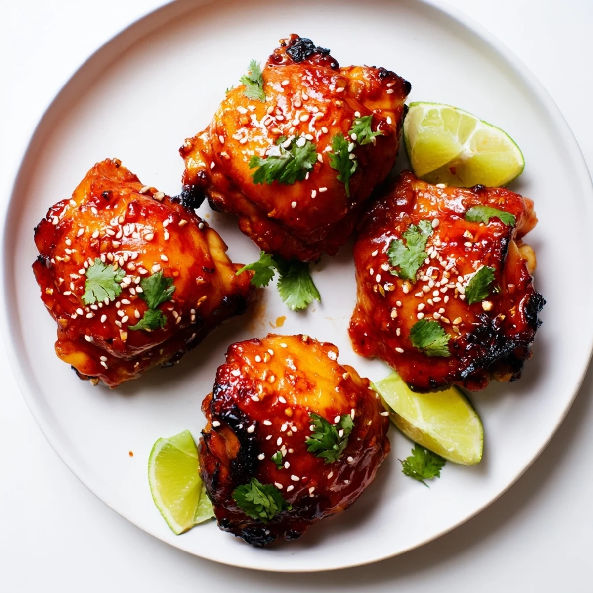 Sticky sweet chili air fryer chicken thighs with cilantro and fresh lime wedges