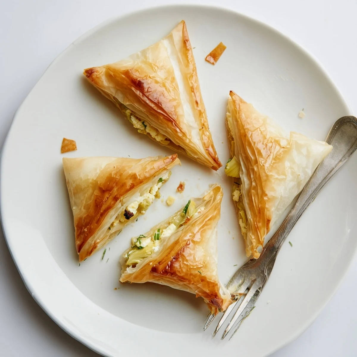 Artichoke and Graviera filo puffs arranged on a baking sheet, warm and flaky