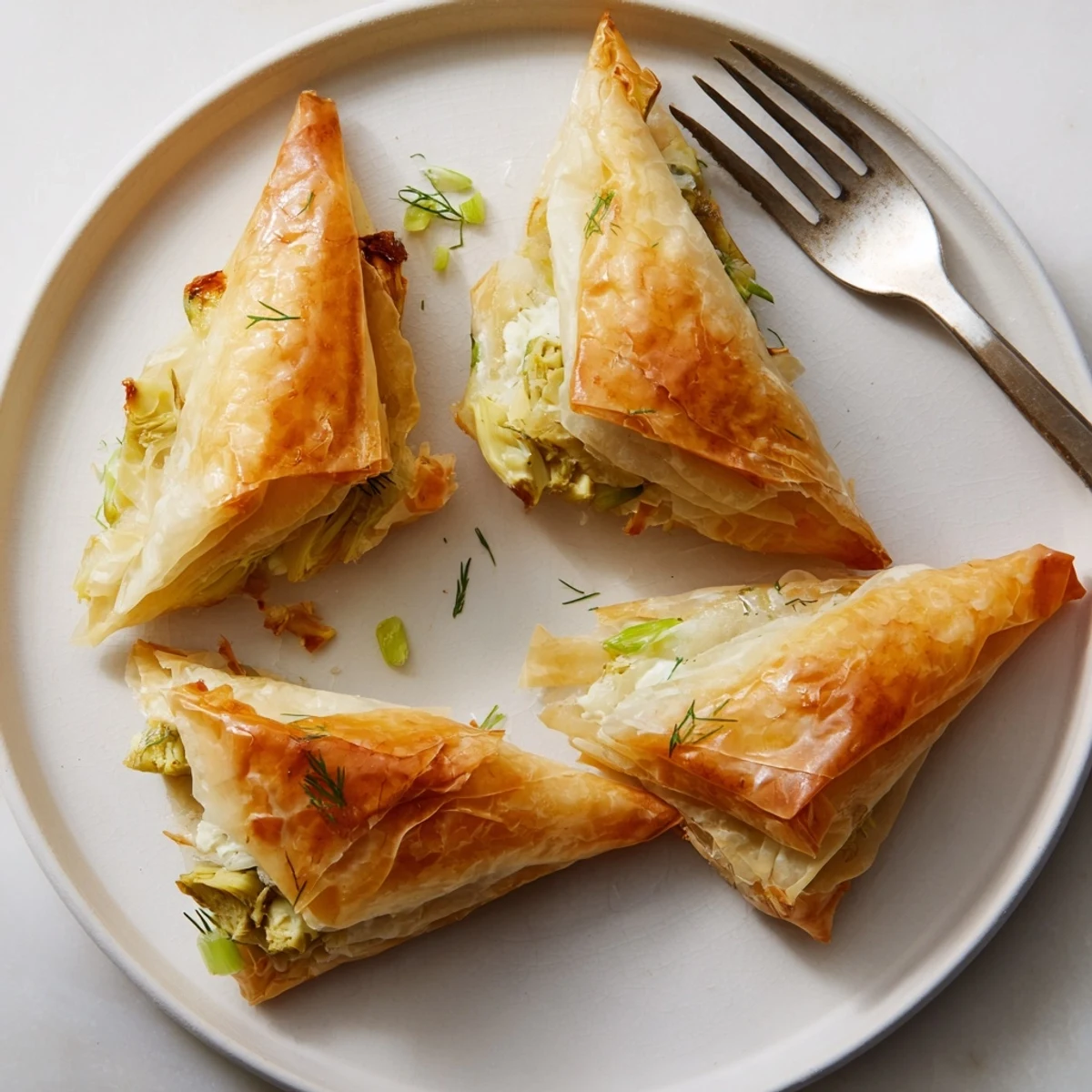 Crispy triangular artichoke and Graviera filo puffs served with fresh herbs alongside