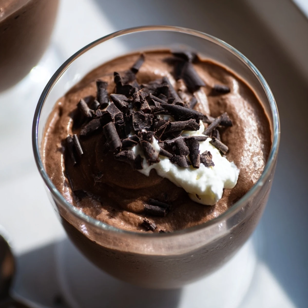 Silky chocolate mousse spooned into crystal dessert cups with a dollop of whipped cream