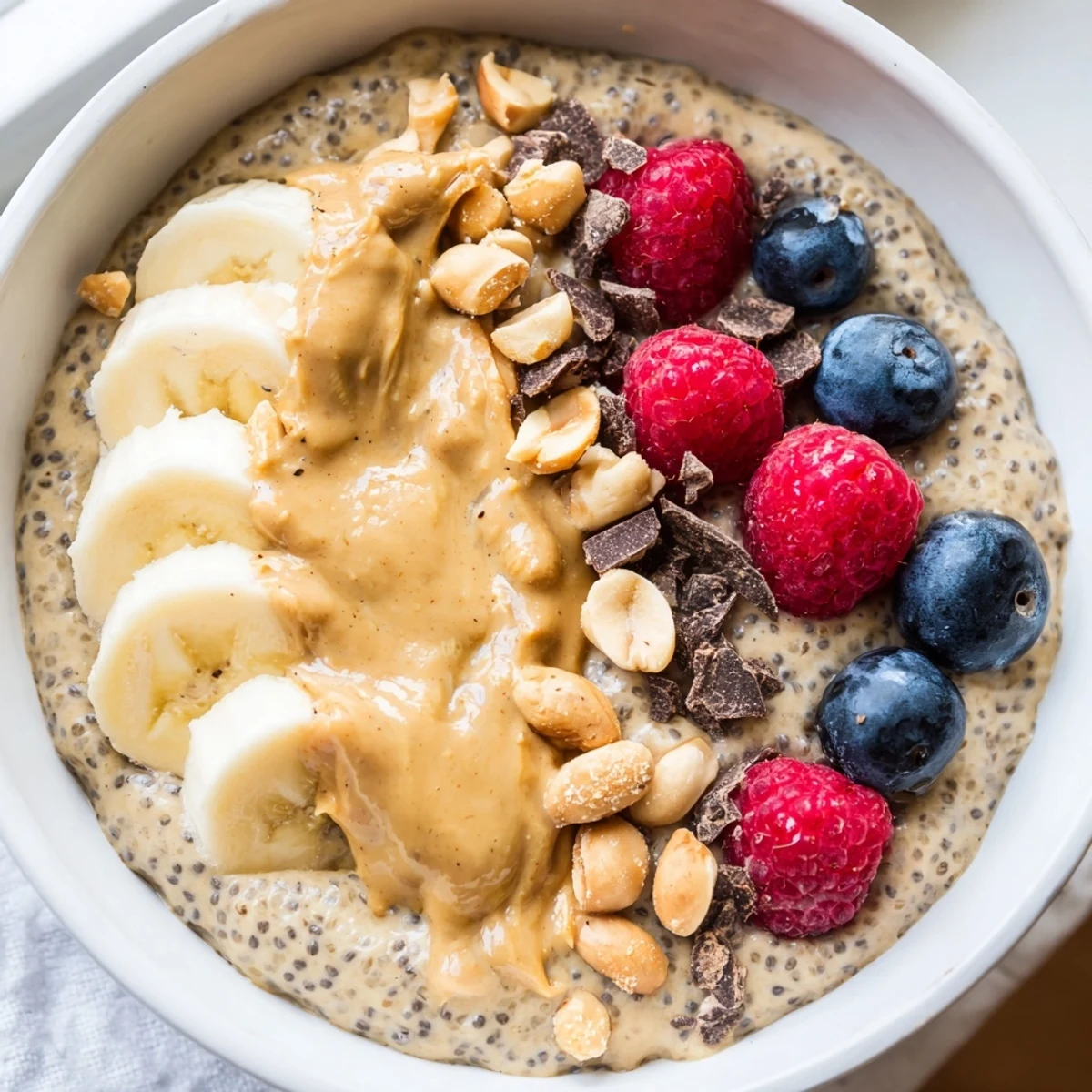 Creamy peanut butter chia pudding topped with sliced bananas and dark chocolate shavings
