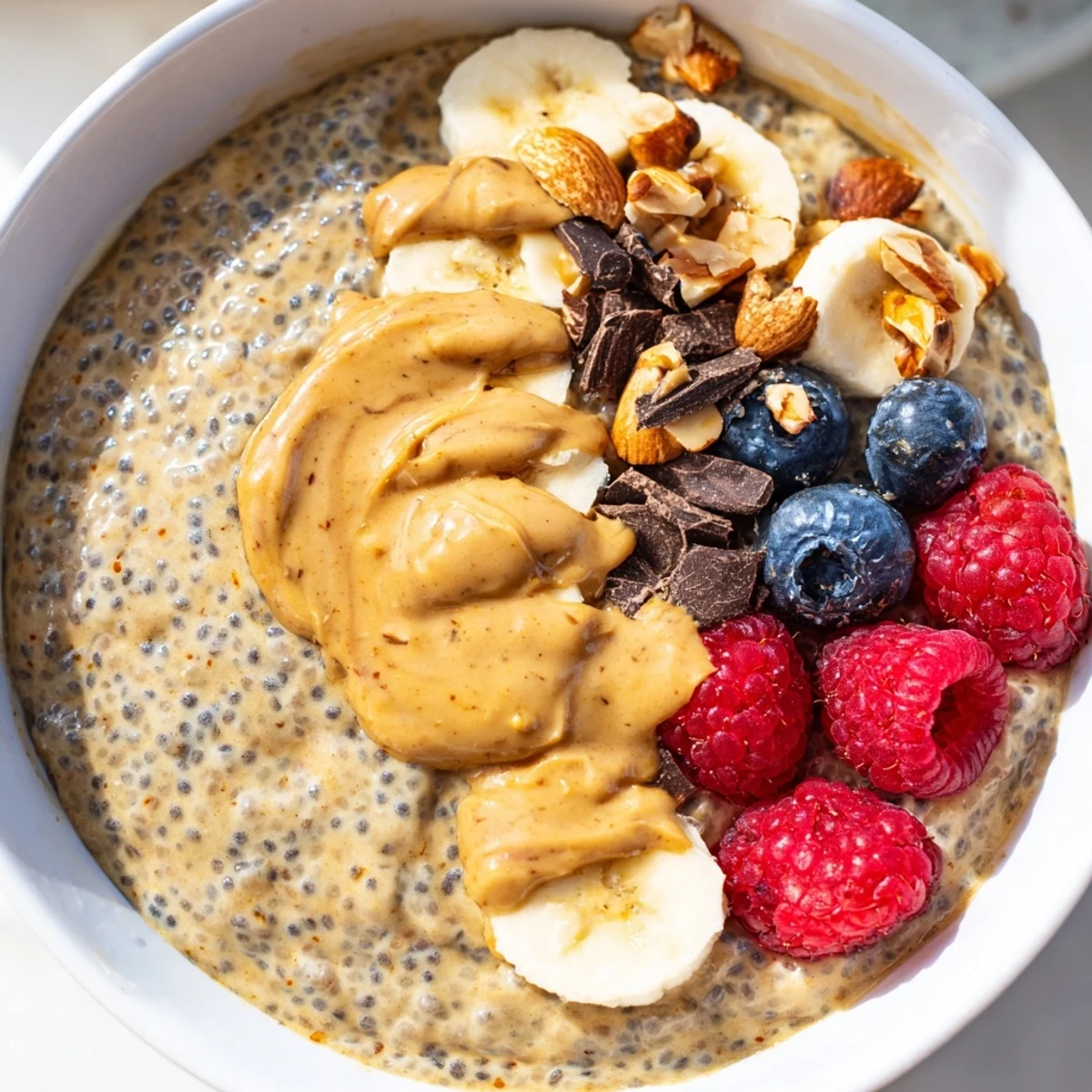 Thick peanut butter chia pudding served in glass jars with fresh berries