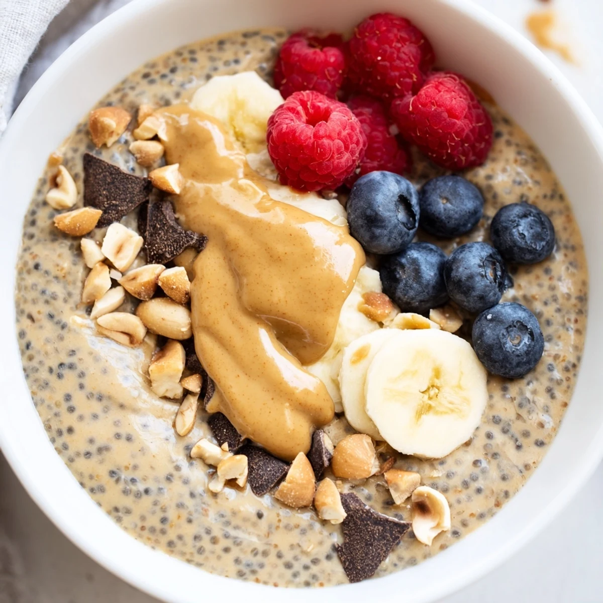 Rich and velvety peanut butter chia pudding garnished with chopped roasted peanuts