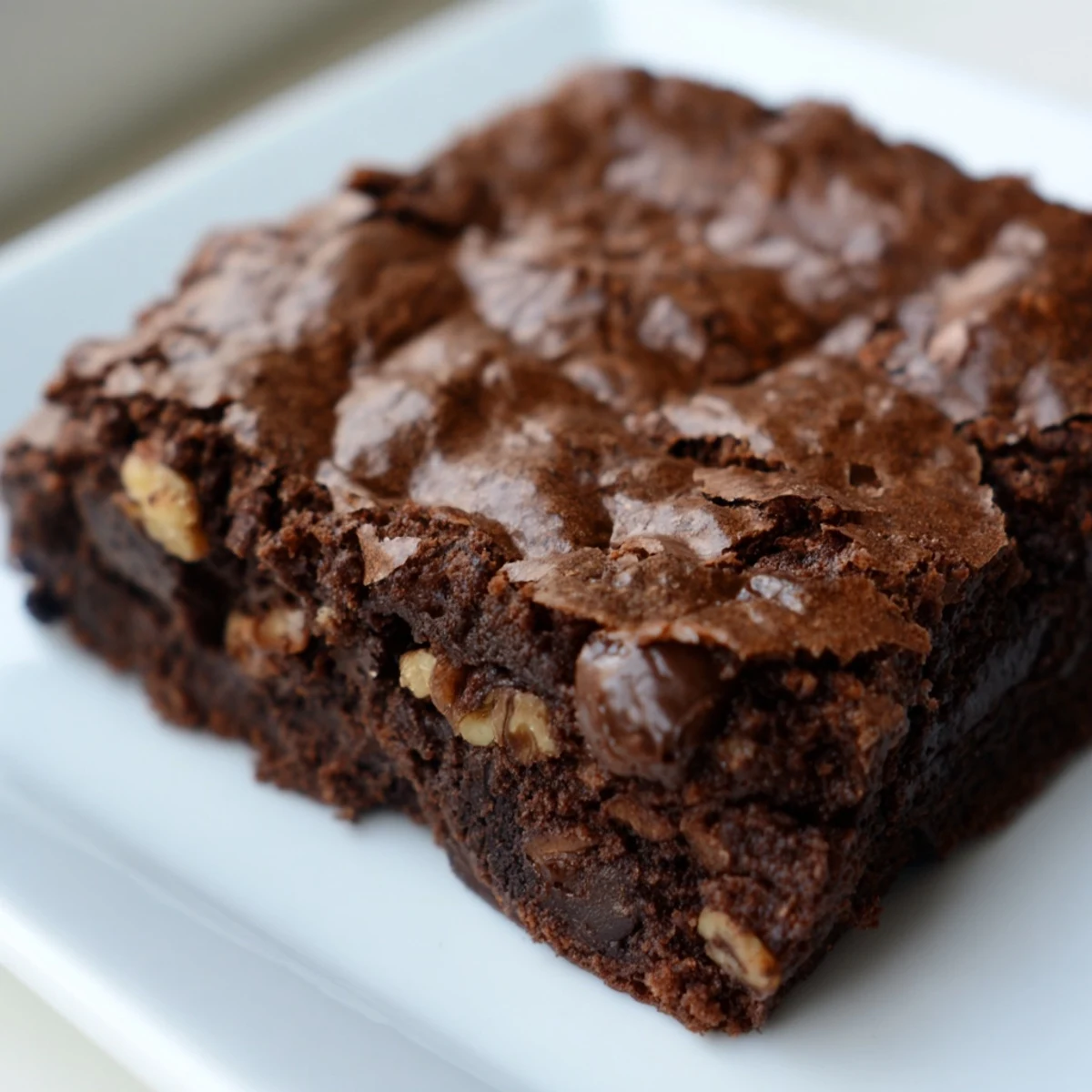 Fudgy brownies with a glossy crackly top, cut into gooey squares on a rustic cutting board
