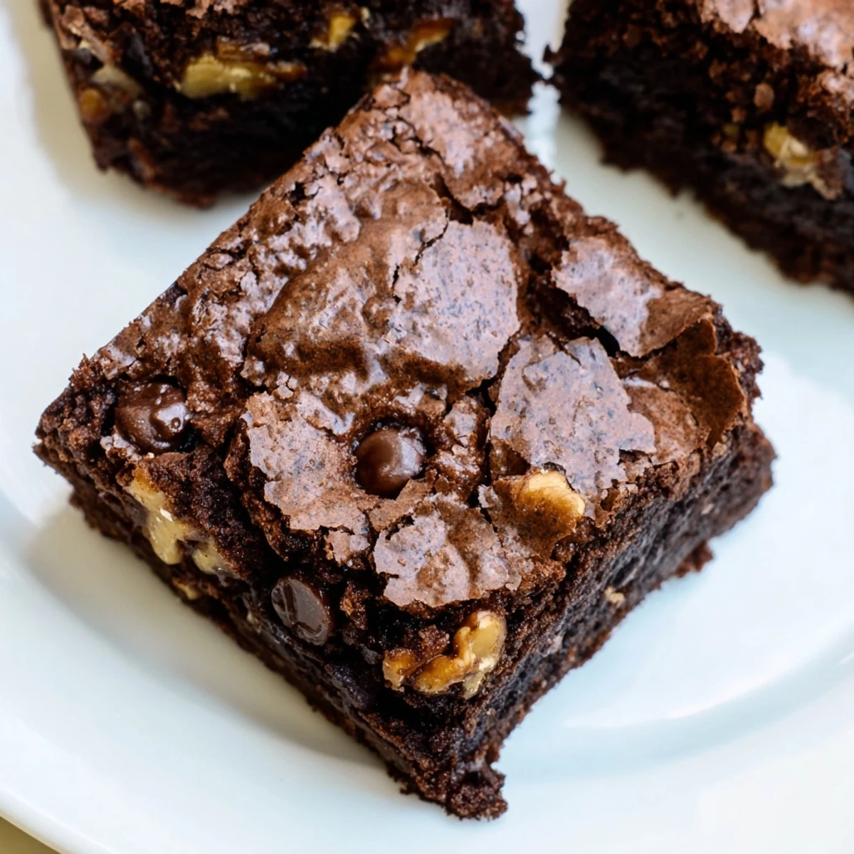 Decadent homemade brownies featuring a moist crumb, dark chocolate chunks, and a flaky parchment lining