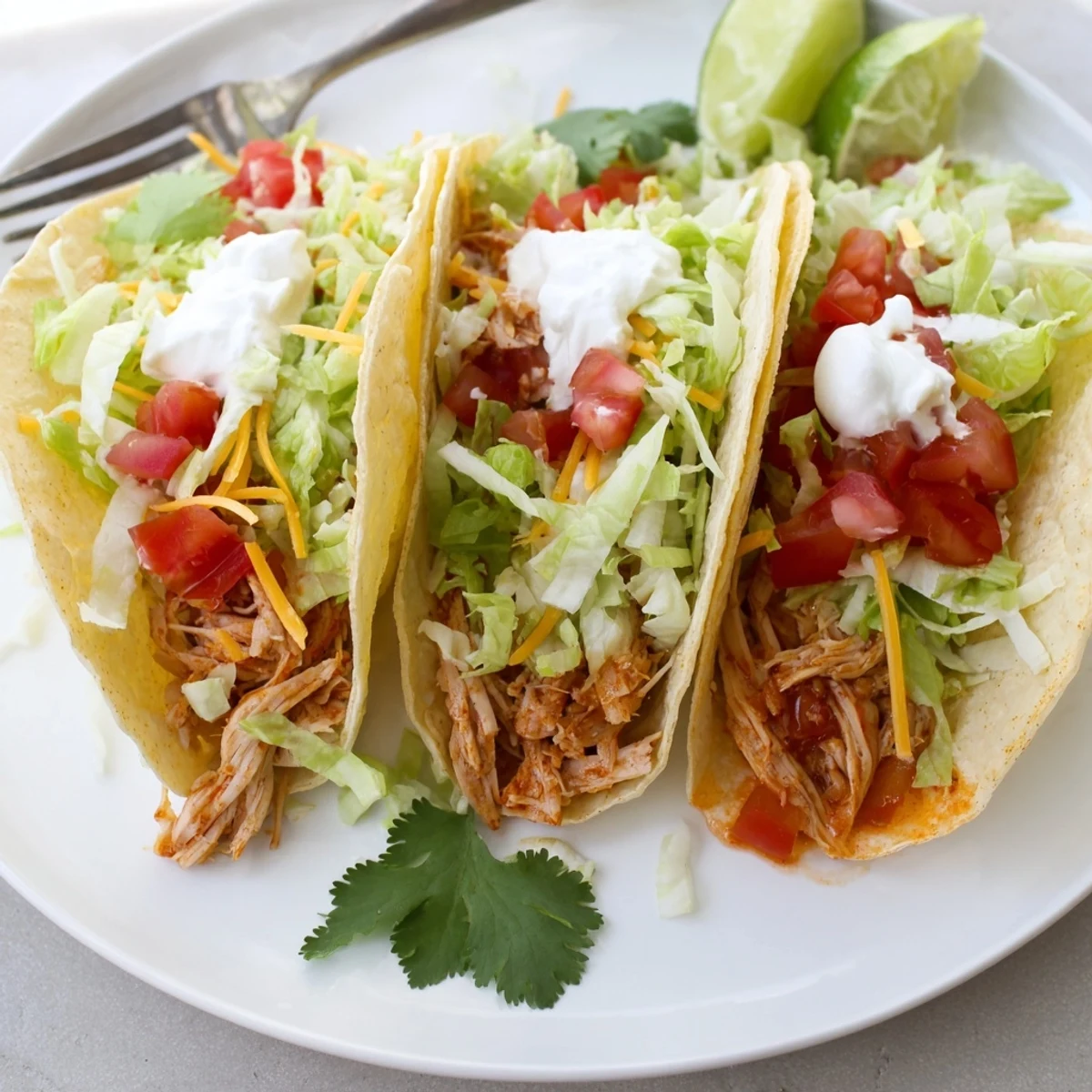 Juicy slow cooker ranch chicken tacos topped with melted cheese and fresh lime wedges