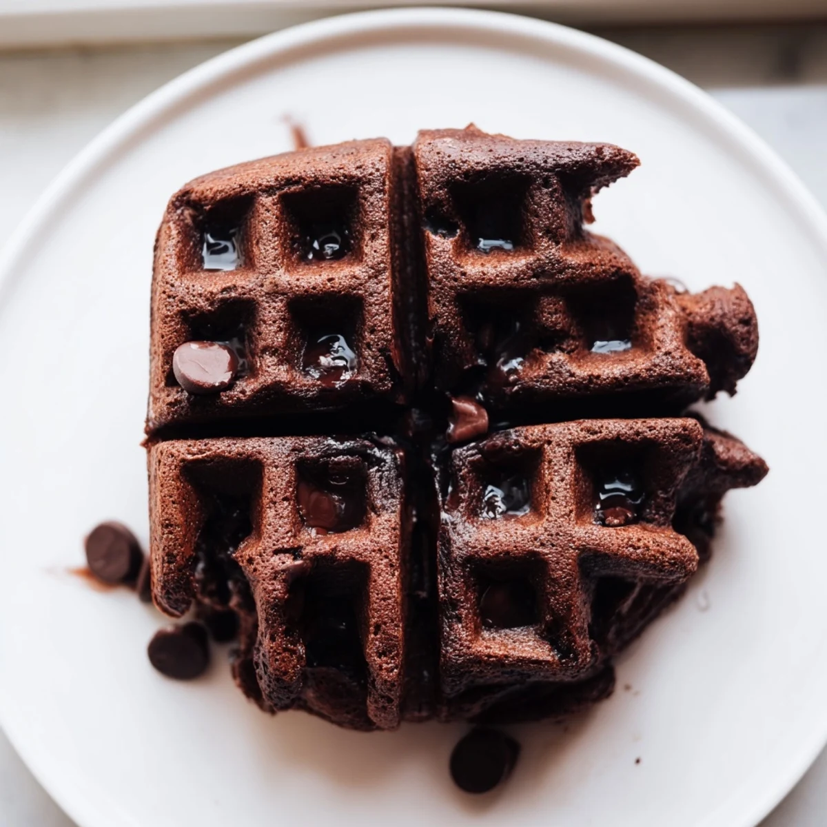 Warm fudgy brownie waffles with crisp edges served on a white plate