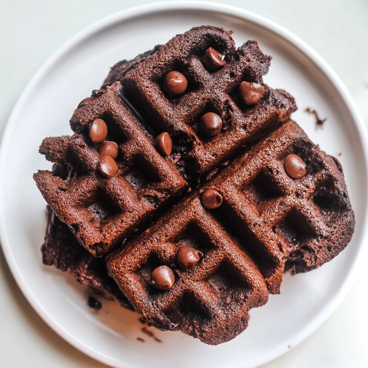 Fudgy brownie waffles topped with whipped cream and fresh berries