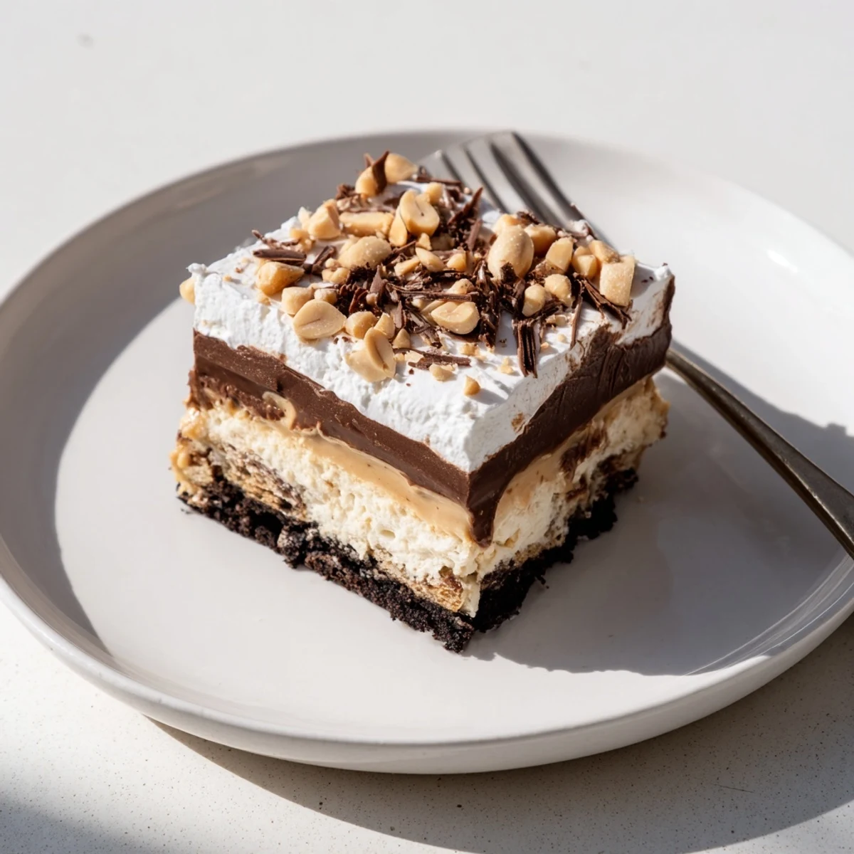 Creamy peanut butter layered delight with rich chocolate ganache on a cookie crust