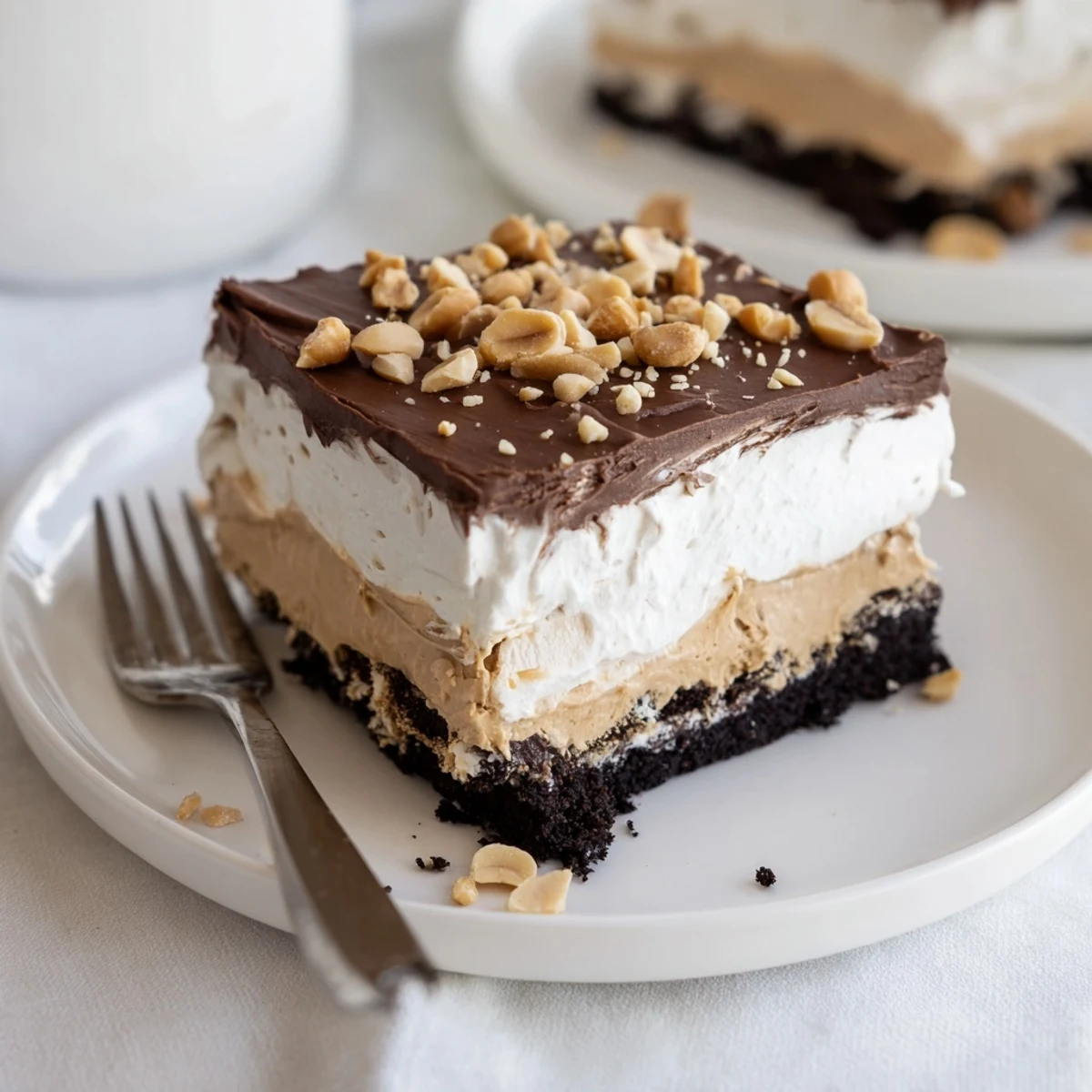 Peanut butter layered delight sliced to show velvety peanut butter and chocolate layers