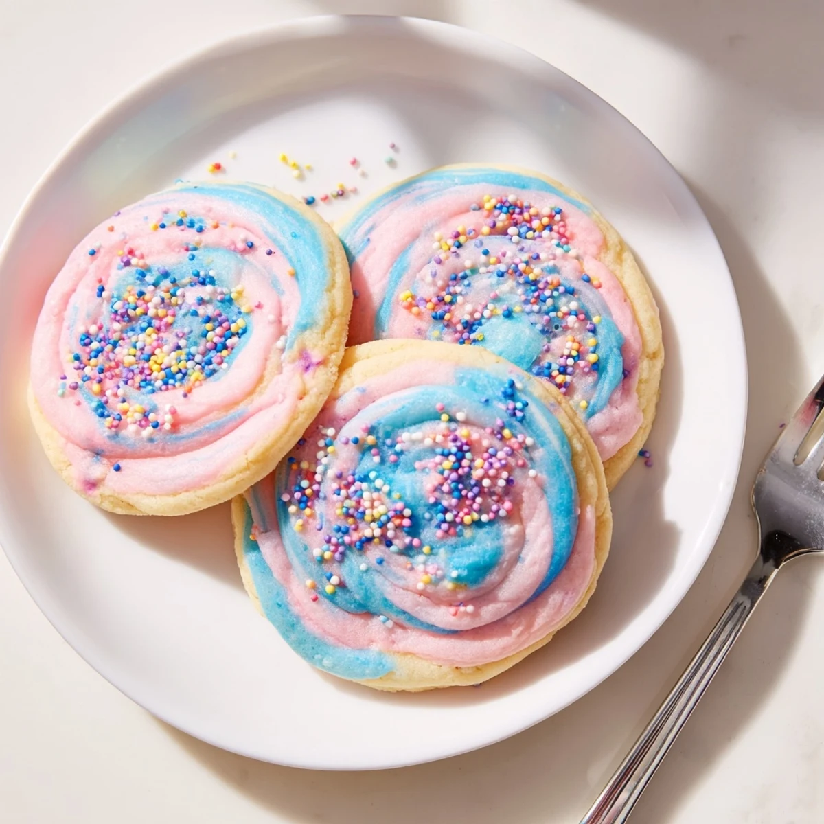 Soft cotton candy cookies with swirled pink and blue pastel dough on a parchment-lined baking sheet