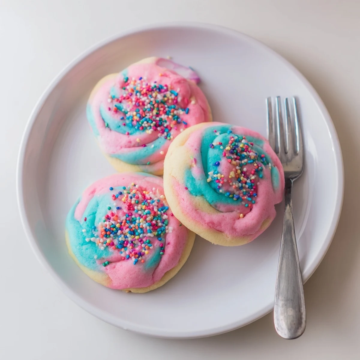 Chewy cotton candy cookies topped with colorful sprinkles, arranged on a rustic white serving plate