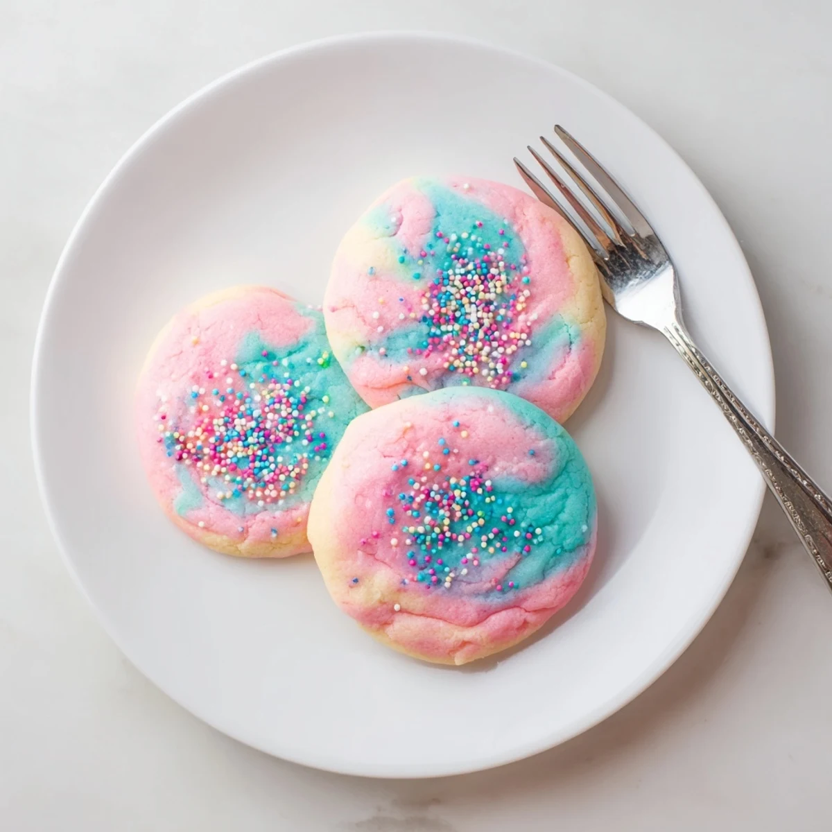 Crisp-edged cotton candy cookies featuring marbled pink and blue dough fresh from the oven