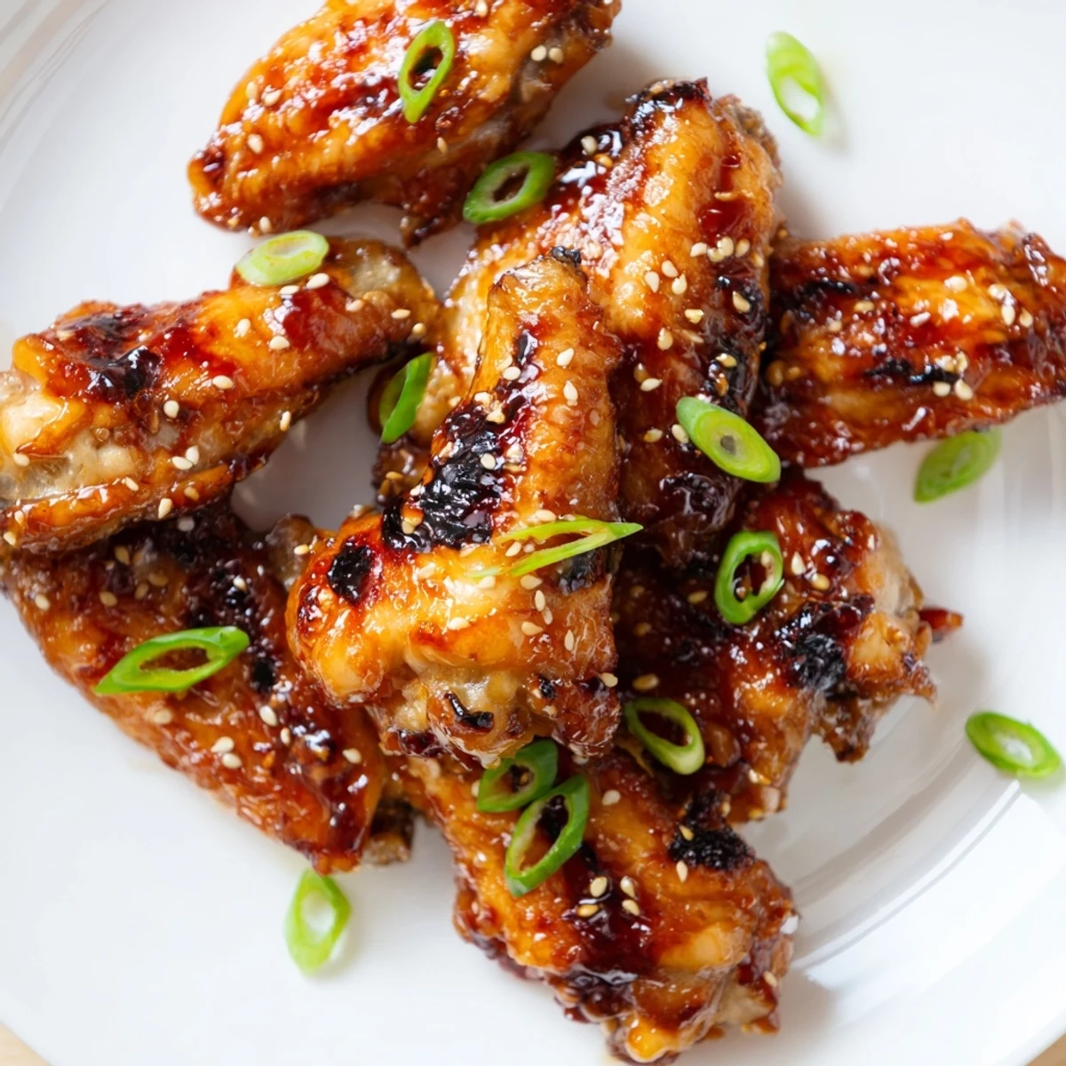 Crispy baked miso honey marinated chicken wings glazed and topped with sesame seeds.