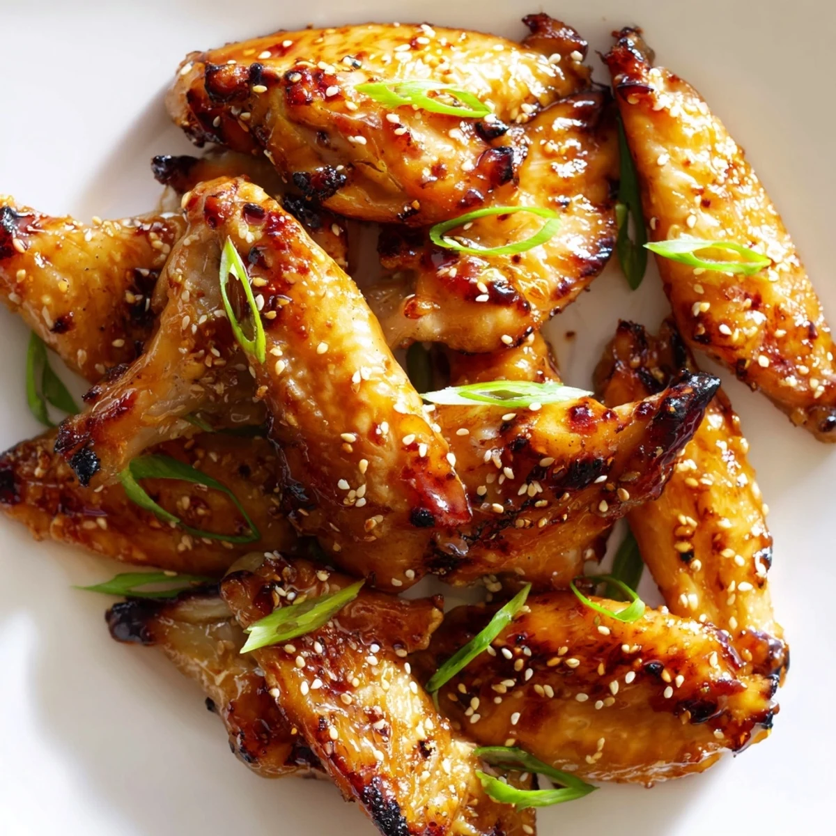 Golden miso honey marinated chicken wings fresh from the oven on a rustic platter.