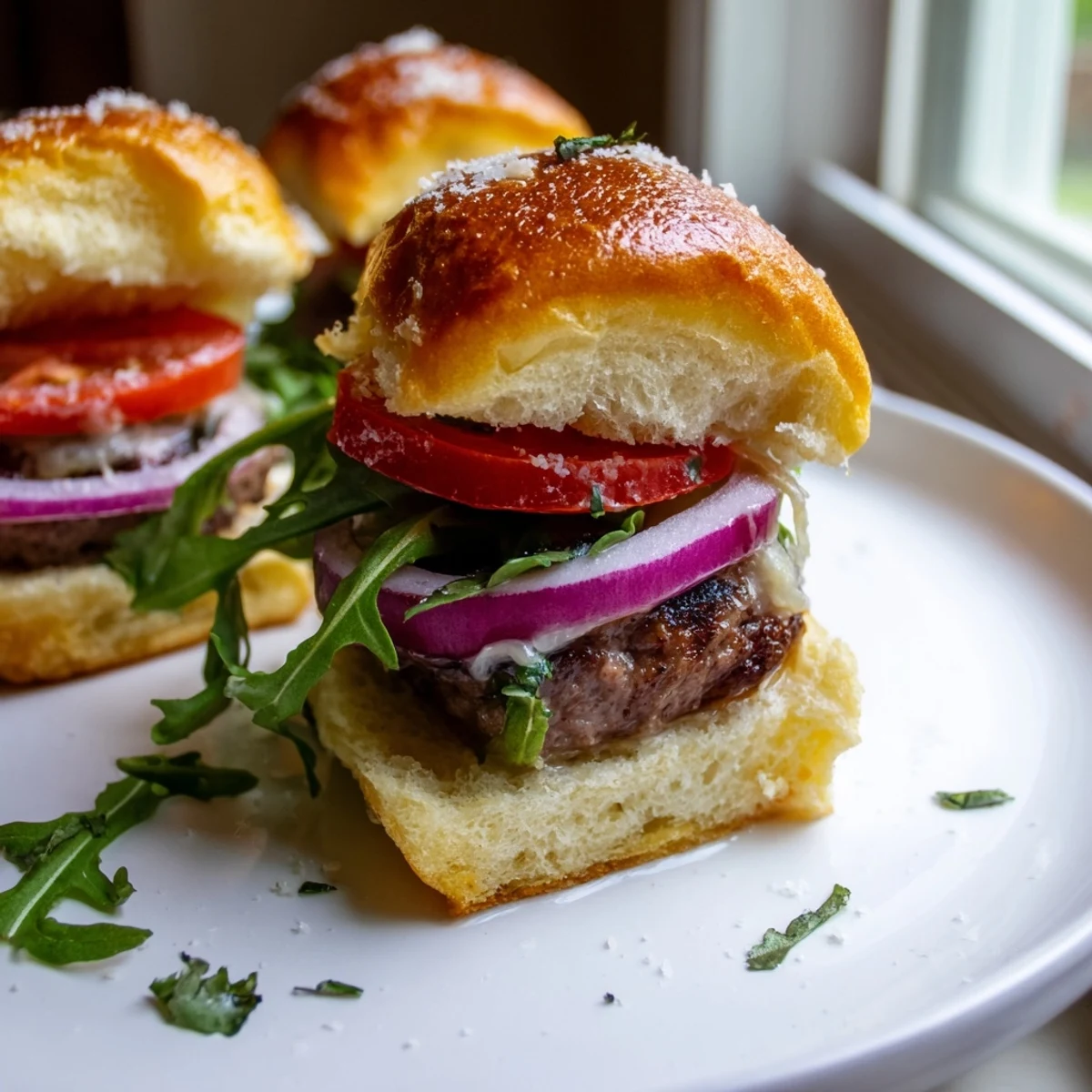 Juicy filet mignon sliders on golden garlic parmesan rolls topped with fresh arugula and sliced tomato