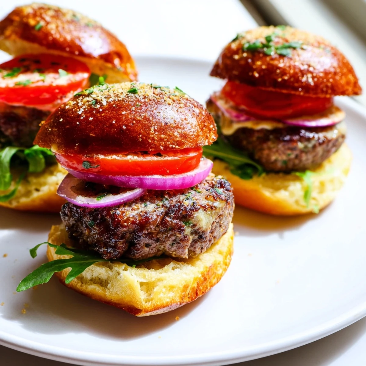 Crispy garlic parmesan rolls holding seared filet mignon sliders with horseradish cream and red onion