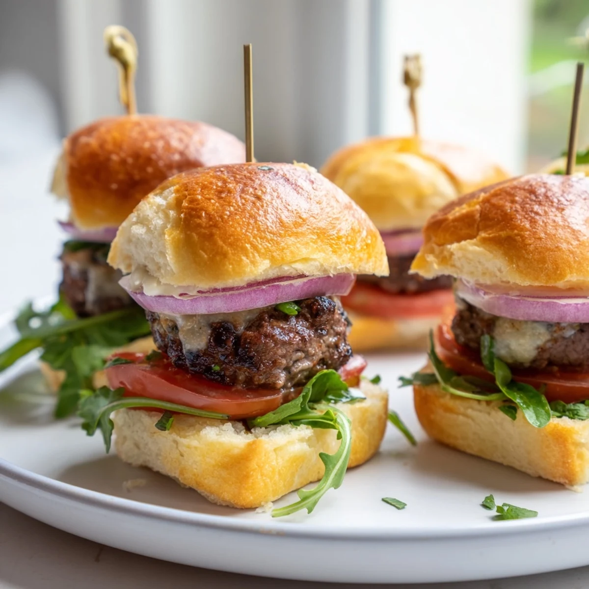 Tender filet mignon sliders stacked on toasted garlic parmesan buns with peppery greens and creamy aioli