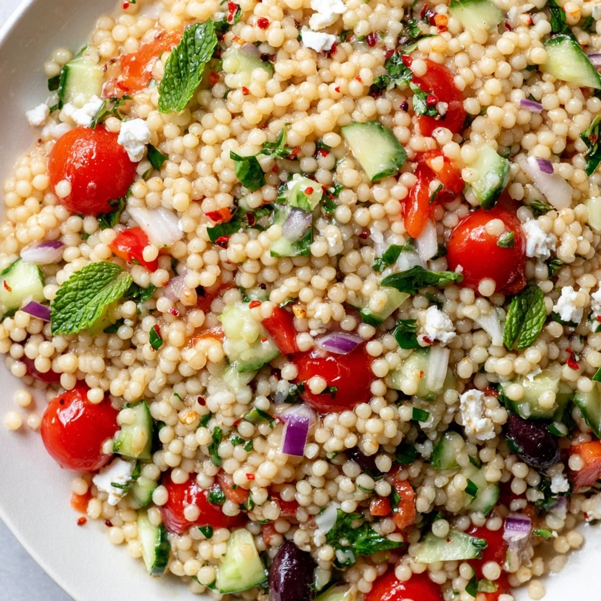 A vibrant Mediterranean couscous salad tossed with fresh vegetables and crumbled feta cheese.