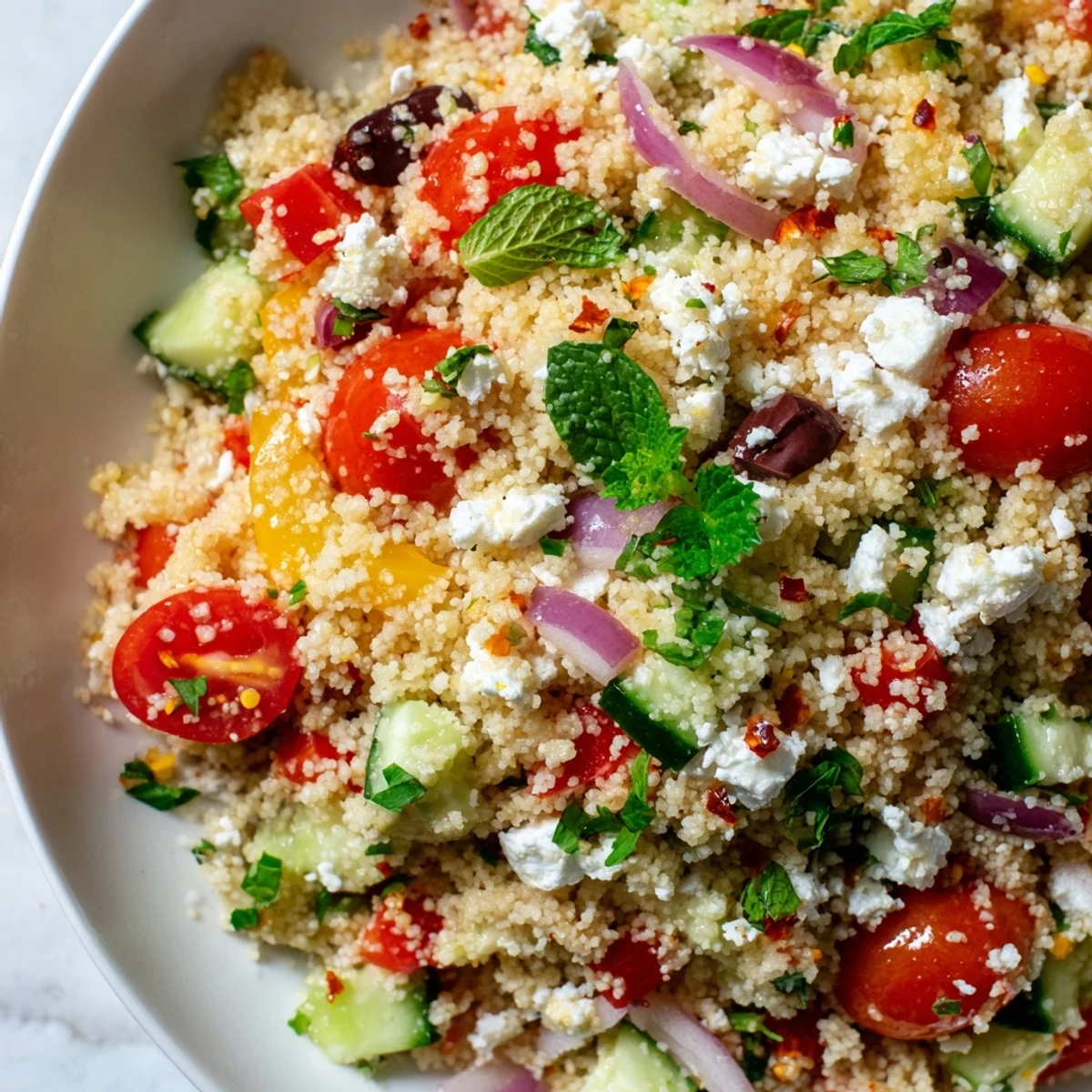 Fluffy couscous salad glistening with spicy-sweet hot honey lemon vinaigrette and colorful diced vegetables.