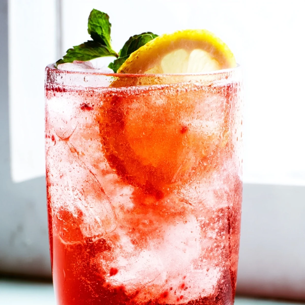 Tall glasses of honey lemon pink soda garnished with fresh mint and lemon slices on a sunny patio table