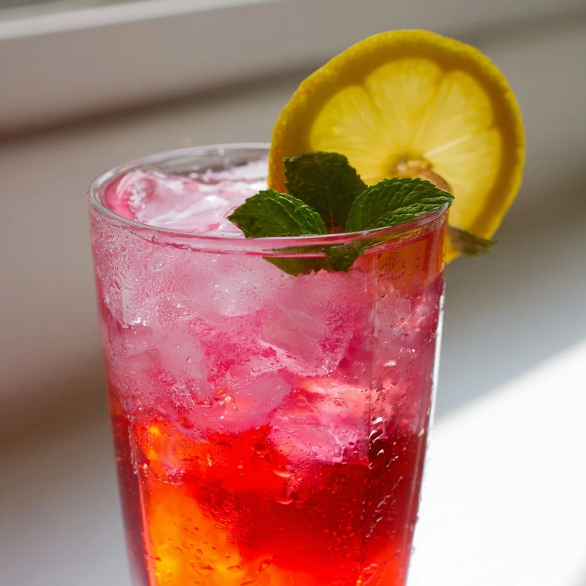 Refreshingly sweet honey lemon pink soda in a crystal glass topped with a curled lemon peel