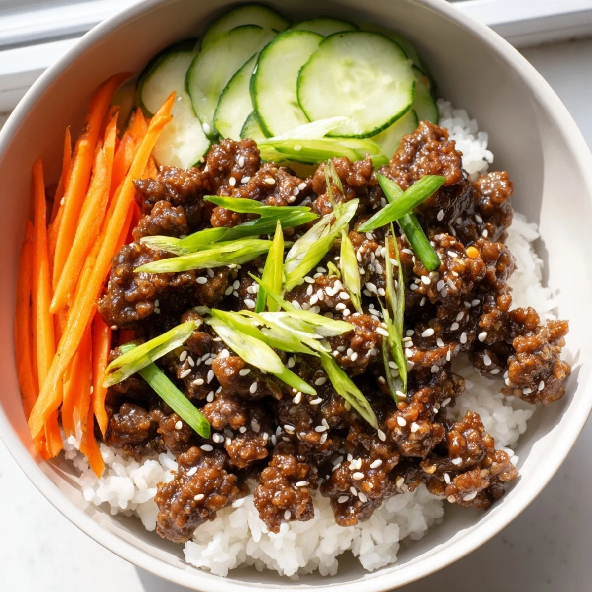 Korean ground beef bowl glistening with sesame glaze over fluffy white rice