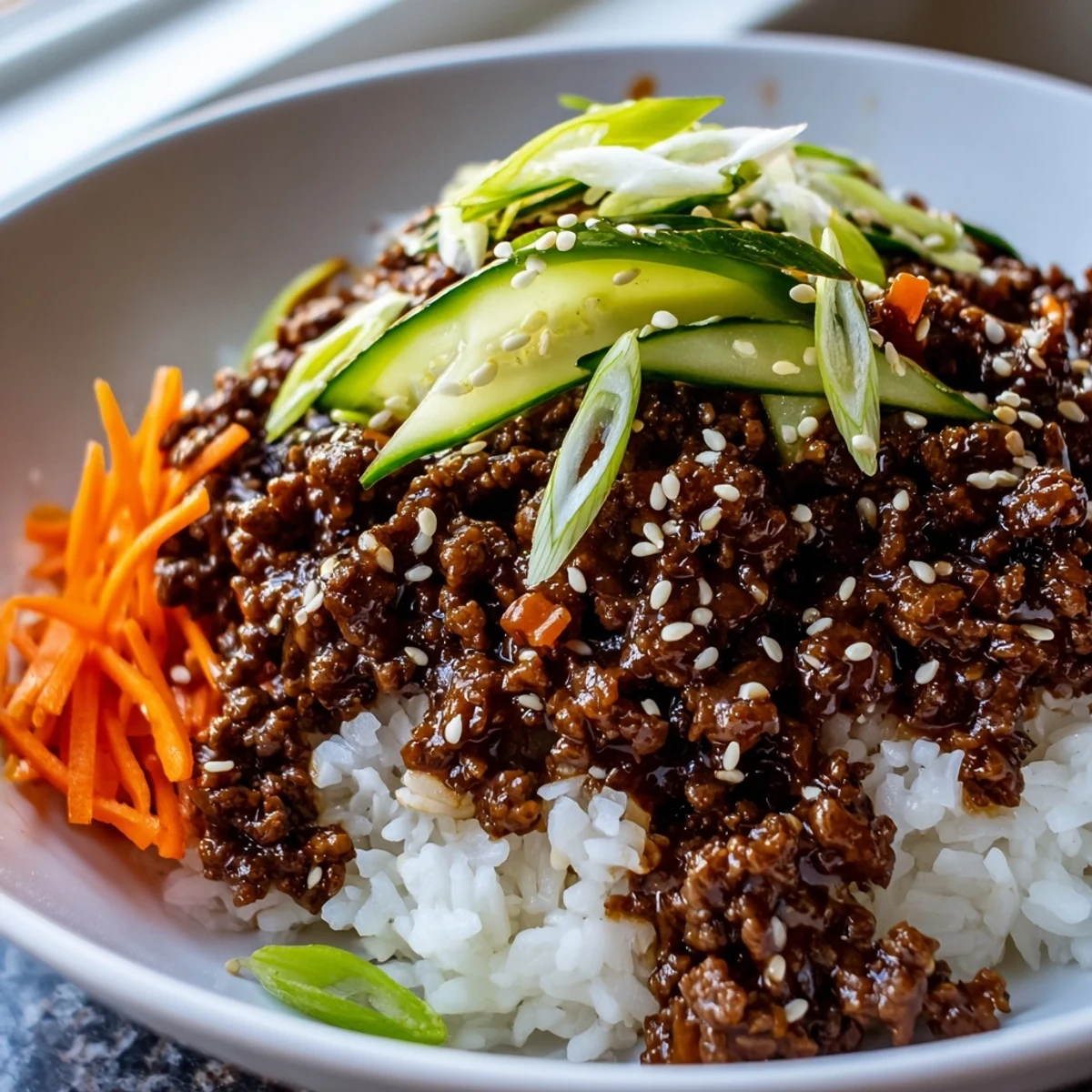 Steaming Korean ground beef bowl topped with crisp vegetables and sesame seeds