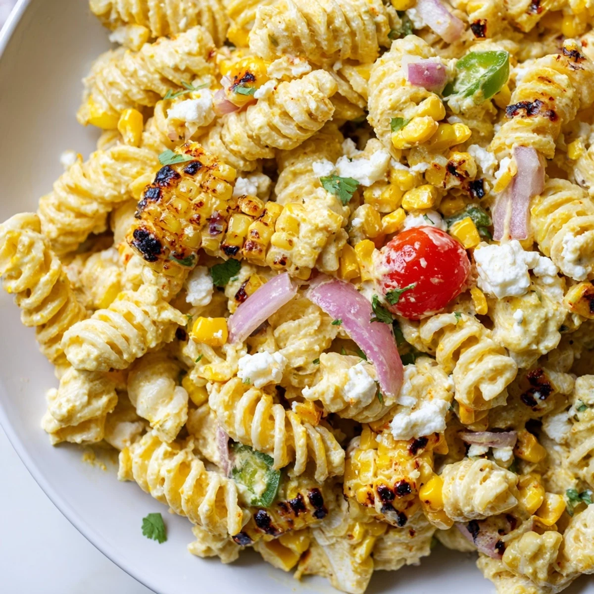 Creamy elote pasta salad loaded with charred corn and crumbled cotija cheese